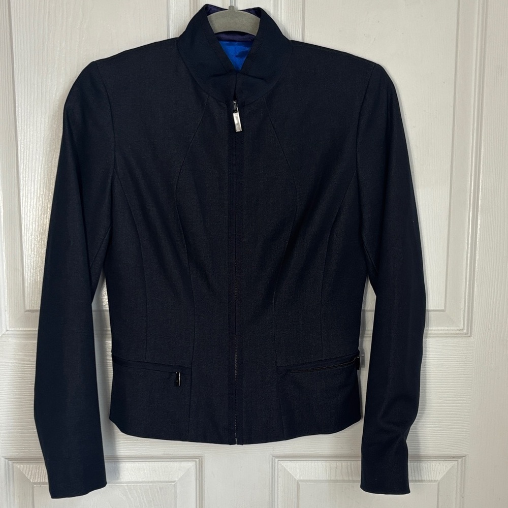 Tahari Navy Blue Monk Collar Blazer Fitted Satin Lined Sz 2 moto short jacket